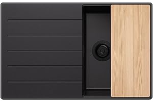 PRIMAGRAN Evier Cuisine en Granit Tout Noir 78x50cm, Lavabo 1 bac + Kit de Vidage + Planche à Découper, Évier à Encastrer al mueble 45cm - Copenhague