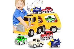 Aoskie Zabawkowe samochody dla 2-, 3-, 4, 5-latków, ciężarówka z 4 samochodami z naciągiem, zestaw, prezent dla małych dzieci, chłopców, dziewcząt