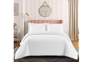 GENERIC 3 Piece Quilted Bedspread Bed Throws for Room Décor Embossed Pattern Pom Pom Design Quilt Bedspread Coverlets with Hypoallergenic Pillow Cover (White, Double)