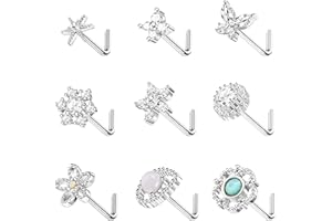 CASSIECA Anillos para la Nariz en Forma de L para Mujer 20G Acero Inoxidable Quirúrgico Bling CZ Flor de ópalo Mariposa L Pendientes para la Nariz Plata Oro Rosa Joyería para Piercing en la Nariz