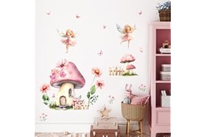 Tanlaby Fairy Pink Mushroom Wall Decals Flowers Butterfly Elf Wall Stickers Peel and Stick Art Decor for Girls Bedroom Baby Nursery Kids Toddler Playroom