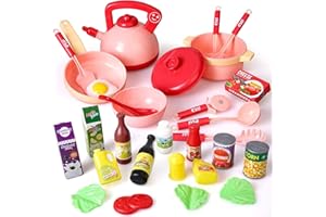 Veluoess 30 Piezas Juguete de Cocina para Niños,Juguete de Comida con Macetas Sartenes Utensilios de Cocina y Accesorios para Alimentos,Juguete de Imitación Regalos Educativos para Niños y Niñas(ROSA)