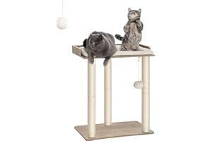 FourFurPets Albero per Gatti Alto 68 cm, Tiragraffi per Gatti, con Tre Pali Graffiatoi in sisal da 60 cm, 56x40 cm piattaforma Grande, Pompon, Greige