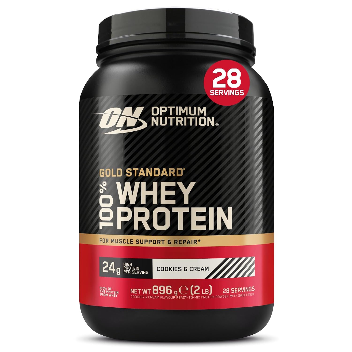 Optimum Nutrition Gold Standard 100% Whey, eiwitpoeder, smaak koekjes en crème, 896 g, 28 blikjes