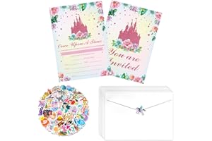 PTECDROTS Set di 20 inviti per feste a tema principessa, con buste, castello, bomboniere, biglietti di invito di compleanno per ragazze, principessa, baby shower, decorazioni per feste di compleanno