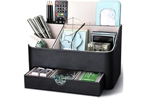 KINGFOM Organizer scrivania ufficio pelle, Multifunzione porta oggetti scrivania portapenne da scrivania con cassetti (Nero)