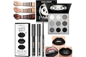 SHOWHEEL Halloween Makeup Kit, Halloween Gesicht Schminke, enthält 3 Schwarz Matt Flüssiger Lippenstift, Lipliner, Lipgloss und Schwarzer Rauchiger Lidschattenpalette, für Halloween Party Cosplay