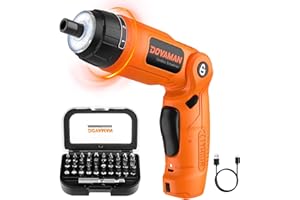DOVAMAN Destornillador Eléctrico, 4V Atornillador Eléctrico con 31 Puntas, 6+1 Niveles Torque, Mango de 3 Posiciones, LED y Linterna, Recargable por USB, con Estuche de Accesorios - DES01A