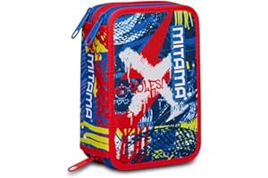 Mitama Astuccio Scuola 3 Scomparti - TRIPLO STREET LIFE, Blu - Contenuto 47 pz - Completo di Matite, Pennarelli etc..- Portapenne Scuola Elementare Bambini - Impermeabile