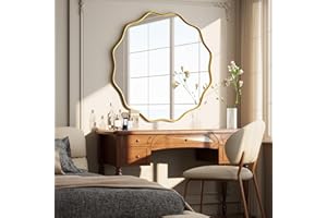 Koonmi Wavy Edge Large Round Mirror, 50cm Wall Mirror with Textured Round Metal Frame, be Hung or Placed against the Wall, suitable for Bathroom, Corridor, Entrance, Living Room, Gold