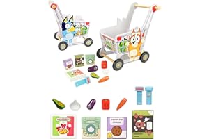 Bluey Wooden Shopping Trolley – 11 Piece Pretend Play Grocery Cart with Scanner & Food Accessories – Real Wood Push Toy for Kids Ages 18+ Months – Role Play Supermarket Toy