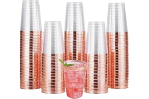 AUTOWNLUX 50 Stück Hartplastik Plastikbecher mit Roségoldem Rand, 360ml/12oz Kunststoff Partybecher, Mehrweg Transparent Trinkbecher für Party, Hochzeiten, Geburtstag