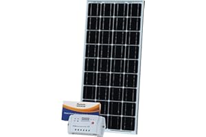 100W 12V Photonic Universe monocrystalline solar charging kit with 10A automatic solar charge controller with advanced communication and protection functions and 5m cable attached to the solar panel