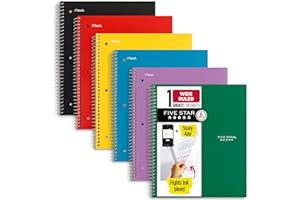 Five Star Notatnik spiralny, 6 sztuk, 1 temat, szeroki papier w linie, zwalcza odpowietrzanie atramentu, wodoodporna okładka, 8-1/5.1 cm x 25.4 cm, 100 arkuszy, różne kolory będą się różnić (38042)