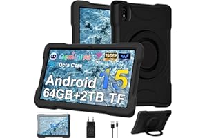 UJJ Tablette 10 Pouces Android 15 avec 30Go RAM+TF 2To,Octa-Core 2.0 GHz/GMS, Gemini AI/Widevine L1,WiFi 6/Bluetooth 5.0,5MP+8MP,1280*800,Tablette Tactile avec EVA Cas antichute+360° Rotatif Support-Noir