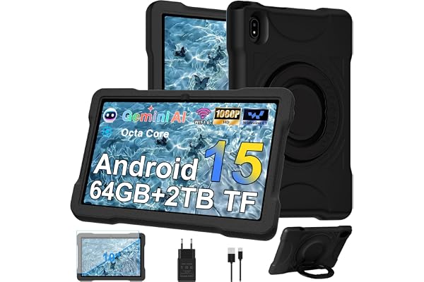 Tablette 10 Pouces avec 30Go RAM+TF 2To,Octa-Core 2.0 GHz/GMS, Gemini AI/Widevine L1/Éducative,5G WiFi/Bluetooth 5.0,5MP+8MP/FHD IPS,Newest Tablette Android 15 avec EVA Cas+360° Rotatif Support-Noir