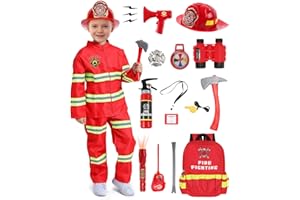 Geplaimir Feuerwehrmann Kostüm Set für Kinder Jungen Mädchen mit 14 Feuerwehrspielzeug Accessoires Wasser-Feuerlöscher Feuerwehrhelm Feuerwehr Spielzeug für Karneval Halloween Feuerheld 3-12 Jahre