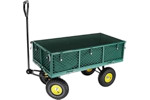 tectake® Carrello da Giardino con Maniglia Imbottita, Carrello con Ruote Portatutto, Pareti Laterali ad Apertura Rapida, Carretto Giardino con Telo Interno Incluso, Portata 350 Kg - Verde