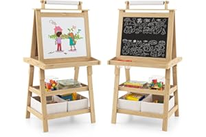 COSTWAY 3 en 1 Tableau Enfants Double Face avec Rouleau de Papier, Chevalet Enfants avec 2 Etagères et 2 Boîtes de Rangement, Structure Triangulaire, Jouet de Dessin pour Enfants de 3 Ans+