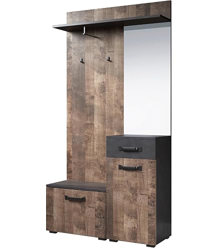 Combinazione Guardaroba Indy 4 Pezzi – 185x192x37 Cm. Stile Moderno Con Ante In Legno Effetto Vintage E Finiture Grigio Grafite. Tanto Spazio Per Organizzare L'ingresso!