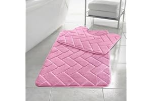 PARADISE STAR Block Memory Foam Bath Mat Extra Absorbent, Soft & Comfortable, Non Slip Bathroom Rug and Pedestal Bath Mat Set COLOUR BLUSH PINK