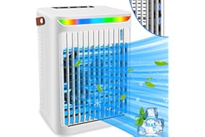 LGTLQT Mini Klimaanlage 5-in-1 Mobile Luftkühler,Tragbarer Klimagerät mit 5 Windgeschwindigkeiten & 2 cooler Nebel,Persönliche kleine Ventilator mit 2/4/6H-Timer und 7 LED-Leuchten für Home Desk Büro-Weiß