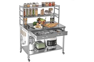 UNIONLINE Stainless Steel Table with Wheels, Heavy Duty Commercial Food Preparation Work Tables with 2 Drawer & Undershelf for Restaurant, Home & Garage, 122x61x138cm