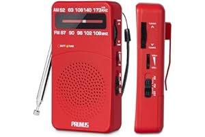 Prunus J-166 Radio AM/FM, zasilanie bateryjne, radio tranzystorowe z doskonałym odbiorem sygnału na całym świecie, średnie fale, wskaźnik zasilania, klips z tyłu i głośnik, na podróż, biwak, czerwone