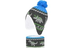 QKURT Boys Hat and Scarf Set, Toddler Winter Warm Knitted Scarf Fleece Hat Pom Pom Beanie Cap with Ear Flap Cold Weather Sets for Kids 2-5 Years Old