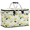 FOINN Keep warmPicnic Basket Foldable Insulated Grocery Picnic Set and Travel Shopping Bag,Strong Aluminum Frame Waterproof Lining Collapsible Design for Easy Storage Take it Camping (Green Leaf)