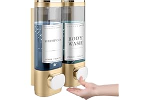 MEKOTRIN Distributeur de Savon Mural, Distributeur Gel Douche, Distributeur Double de Shampoing et Après-shampoing sans Perçage ABS pour Salle de Bain Cuisine Marché Hôtel Restaurant 300ML*2(Or)