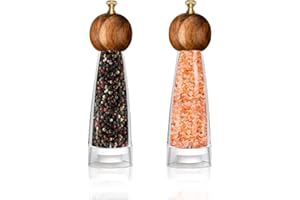 VEIZIBEE Classico Macinapepe Rotore Rotondo in Legno di Acacia Acrilico Trasparente Macinapepe e Macina sale, Nucleo ceramico di macinazione Con Macinino Regolabile Freschi di Pepe Nero Varie Spezie