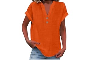 Yinguo Ladies Tops 2025 Women's Summer Cotton Linen Cap Sleeve T-Shirt Button V Neck Tunic Tops Fashion Baggy Solid Plain Casual Shirts Trendy Blouse
