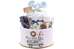 TRENDMAMA Trend Mama® Windeltorte | Elefant |mit Musselintuch, Holzrassel Elefant, Breilöffel,Spucktuch,Babysocken | Babygeschenk Geburt (Hellblau)