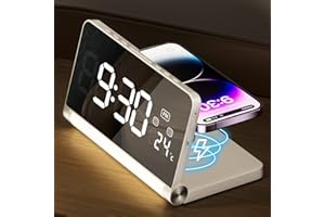 SURPN Digital Alarm Clock for Bedroom with Wirelss Charging, 5 White Noise Sound, 3 Colors Night Light, Foldable Mirror Surface Bedside Clock with 12/24H, Snooze, Temperature Display - with Adapter