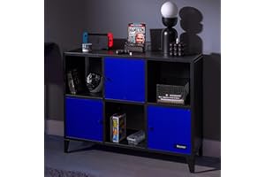 X-Rocker Mesh-Tek Metal Sideboard Display Cabinet, Wide 6 Cube Storage Locker Media Unit with 3 Cupboard Doors and 3 Shelves - Black & Blue