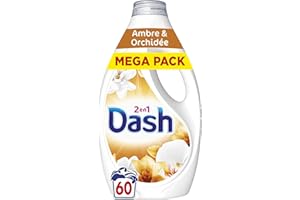 Dash 2en1 Lessive Liquide Ambre & Orchidée, 60 Lavages, 3 Semaines de Fraîcheur, Avec Lenor, Notes de Vanille et d'Ambre, Nettoyage en Profondeur, Marque Française Traditionnelle, Fabriquée à Amiens