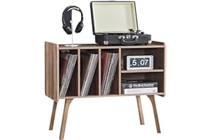 LELELINKY Oak Record Player Stand with 4 Cabinet Holds Up to 220 Albums, Large Turntable Stand with Wood Legs, Mid-Century Record Player Table,Vinyl Holder Storage for Living Room,Bedroom