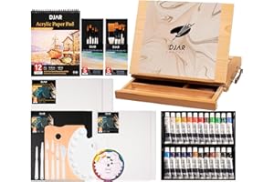 DJAR 50 Piece Acrylic Paint Set with Tabletop Easel Box, 24 Acrylic Paint Colors, Sketchbook, Painting Pads, and Complete Acrylic Art Supplies Kit for Adults, Teens, and Beginners