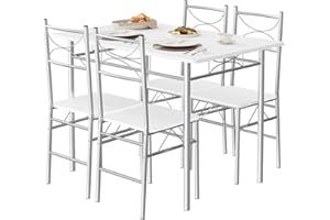 WOLTU Mesa y Sillas Comedor para 4 Personas, Mesa Cocina de Madera, Juego de Muebles de Comedor, Madera MDF y Metal, Blanco + Plata