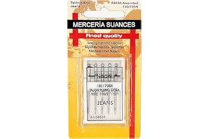 MERCERÍA SUANCES Agujas universales para vaqueros, talón plano para máquina de coser, paquete de 5 agujas JEANS con tamaños surtidos 90,100 y 110 incluye caja para guardarlas