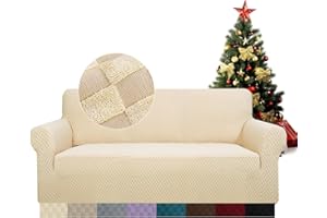 FIGOOO Stretch Sofabezug 2 Sitzer Sofa überzug Schachbrettmuster Jacquard Elastisch Waschbar Sofahusse mit Armlehnen Einfarbig Protector für Hunde,Beige