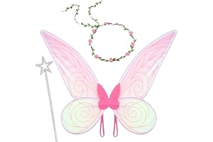 Opopark Feenflügel, Rosa Schmetterlings Elfen Fee Anzieh Sets, mit Feenflügeln Feenstab Blumenkrone, Glitzer Engelsprinzessin Kostümzubehör für Kinder, Mädchen, Erwachsene, Frauen