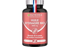 LABORATOIRES NUTRIMEA Huile d’Onagre BIO - 3000 mg dont 270 mg de GLA - Pression à Froid - 100% Naturel - Confort Prémenstruel et Beauté de la Peau - Qualité Premium - 60 Capsules - Nutrimea - Fabriqué en France