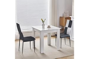 Kamorry Dining Table and 2 Chairs,3 Piece Dining Room Set, Wood Kitchen Table with High Gloss Top and 2 Upholstered Chairs for Small Spaces, Apartment (White Table, Leather Checkered Chair)