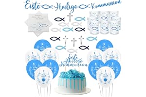 JWDMHSJ 139 Stück Kommunion Deko, Junge Tischdeko Kommunion Servietten Konfirmation Deko Windlicht Fisch Deko, Holz Fische Deko, Ballons für Taufe, Deko für Servietten Taufdeko Tisch Deko