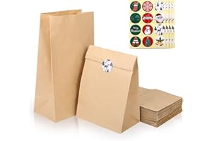 Kesote 48 Pcs Sac Cadeau Noël + 48 Autocollants pour Cadeaux, Bonbons, Biscuits, Pains - Pochette Kraft 27 x 15 x 9 cm