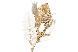 FORESTM Dried Flowers for Cakes, Boho Cake Decorations with White Dried Flowers, Gold Palm Spear, Bunny Tails, Ruscus, Natural Cake Toppers for Wedding, Birthday, Party and DIY Crafts