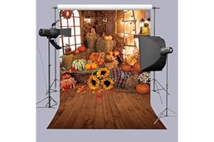 BUTEN Autumn Photography Backdrop Fall Wooden Floor Barn Backdrop Autumn Pumpkins Maple Leaves Sunflower Backdrop for Kids Adult Family Portrait Photo Background 5X7FT