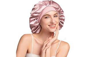Umisleep Gorro de Seda para Dormir con Interior 100% Seda de Morera 6A de 22 Momme, Doble Capa – Gorro Grande para Pelo Rizado o Largo con Banda Ancha Ajustable, Antideslizante y ultrasuave, Rosa